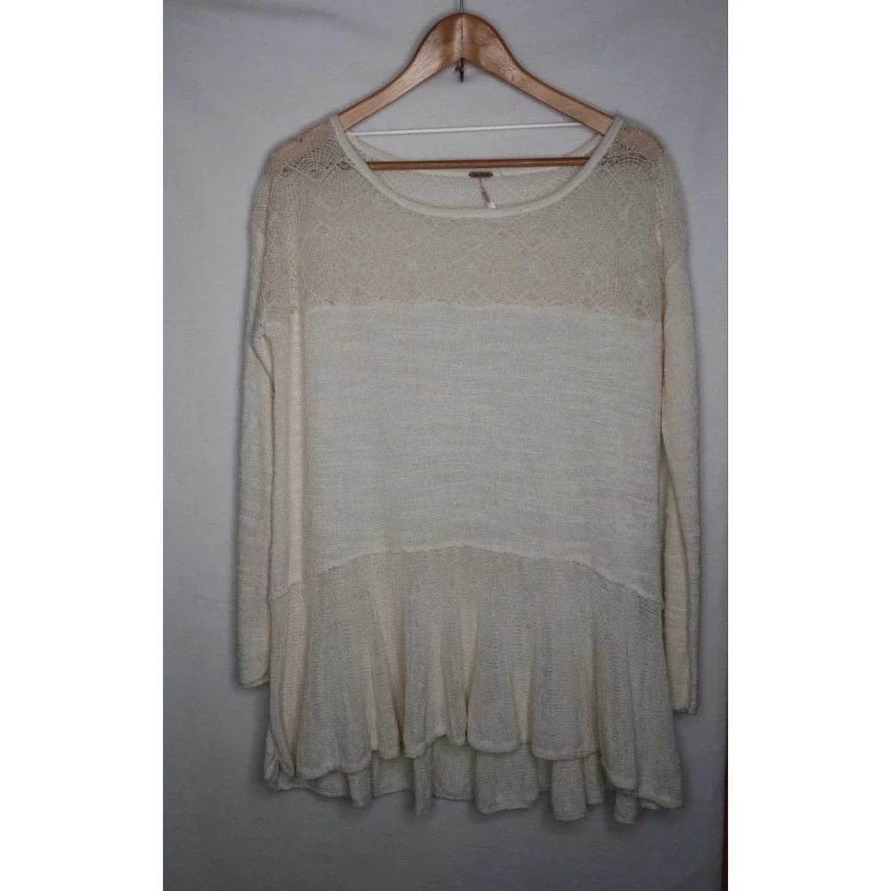 Free People Lace Knit Tunic Sweater Women's S Cream Boho Flowy Coquette Top